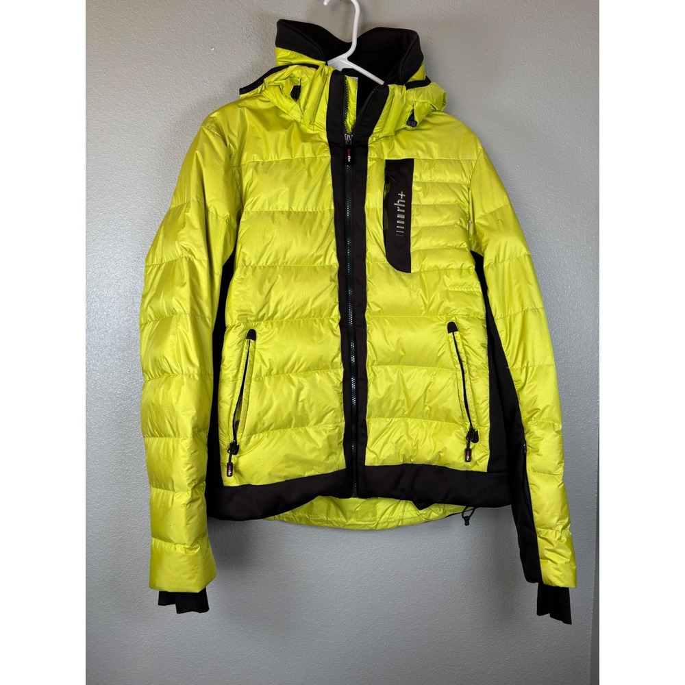Rh+ Neon Yellow Puffer Jacket Womens Small Hooded Ski Snowboard Coat Black‎ Trim